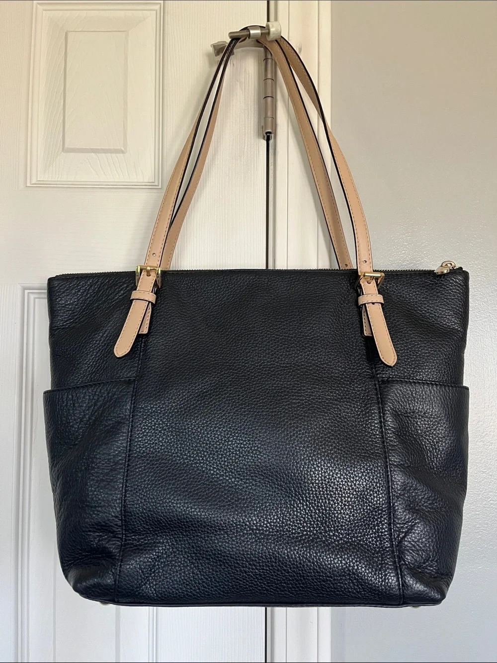 Michael Kors Jet Set Black Leather Tote with Tan Straps and Gold MK Charm